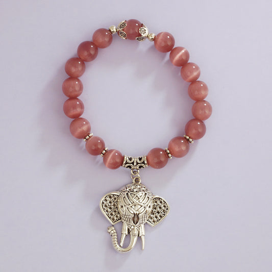 Ganesha Charm Pink Cat's Eye Beaded Bracelet