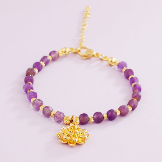 Sacred Gold Lotus & Amethyst Style Beaded Bracelet