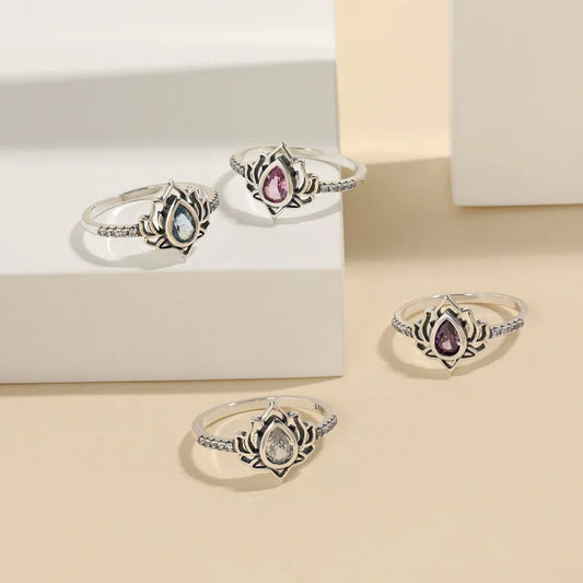 Lotus Flower & Gemstone Style Sterling Silver Rings