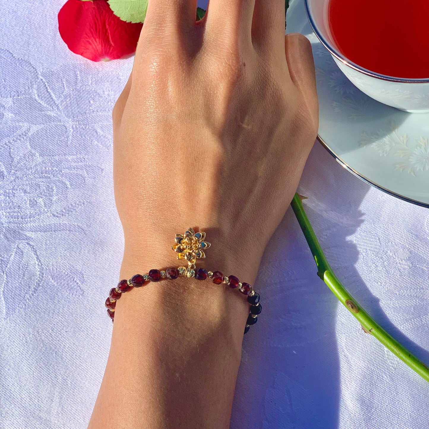 Sacred Gold Lotus & Dark Red Garnet Style Beaded Bracelet