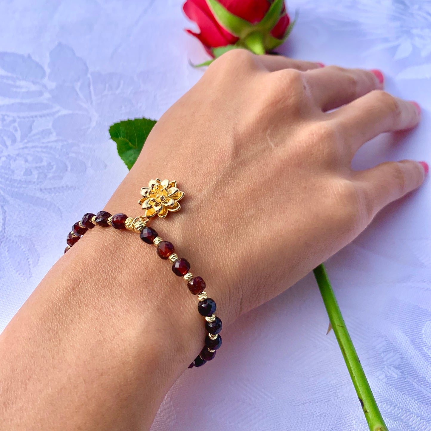 Sacred Gold Lotus & Dark Red Garnet Style Beaded Bracelet
