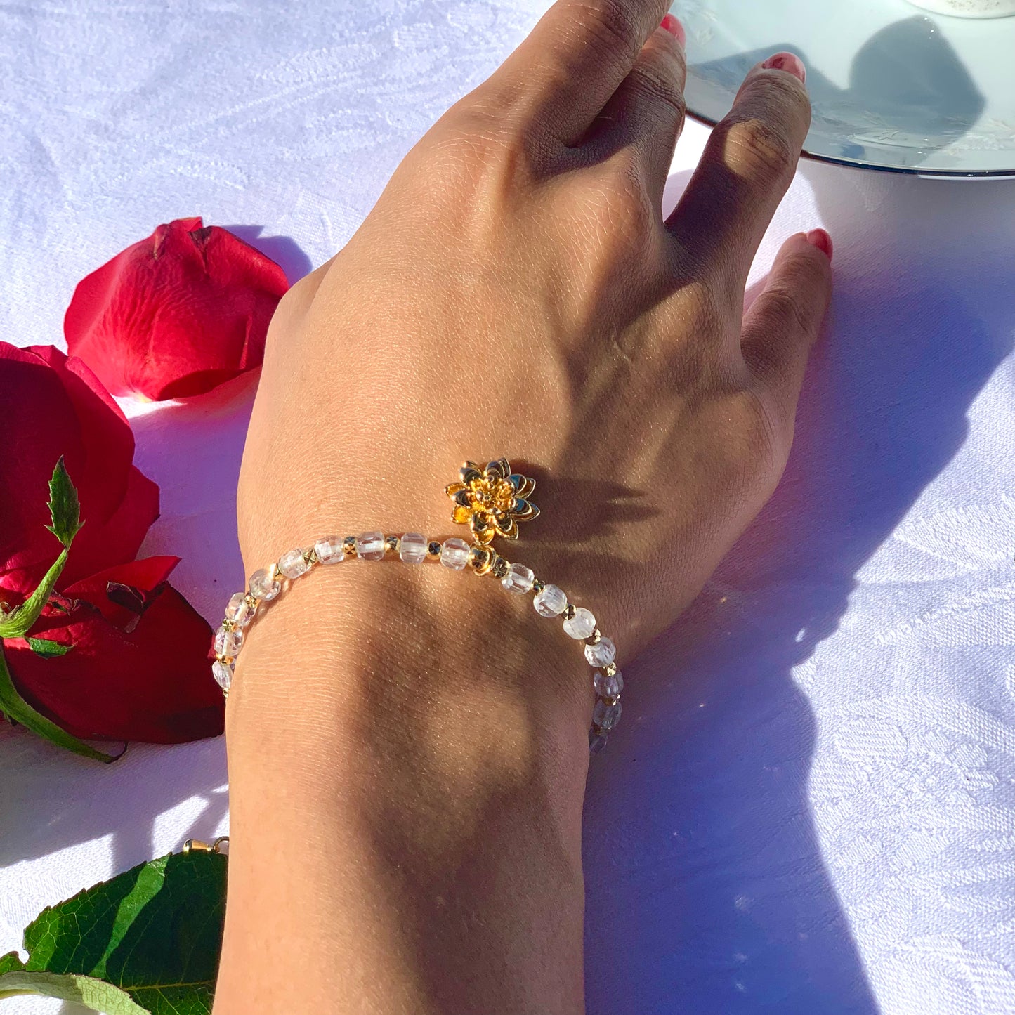 Sacred Gold Lotus & Clear Quartz Style Beaded Bracelet